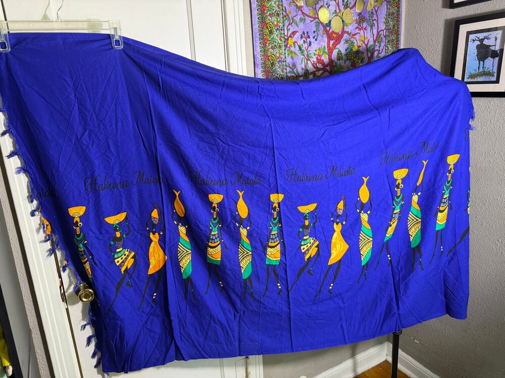 Hakuna Matata African Print Scarf Wrap Sarong Blue Women Figures 59x42 Tassels
